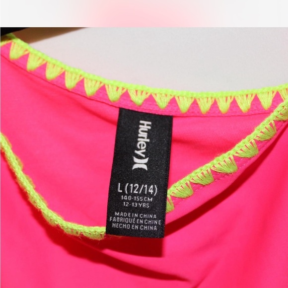 Hurley Neon Pink Swimsuit with Yellow Trim Girls Size Large 12/14 - Picture 4 of 8